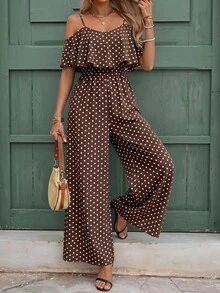SHEIN Clasi Women's Brown And White Polka Dot Print Ruffle Hem Waist-Cinched Loose Jumpsuit Vacation Summer Boho - Coffee Brown - View 1