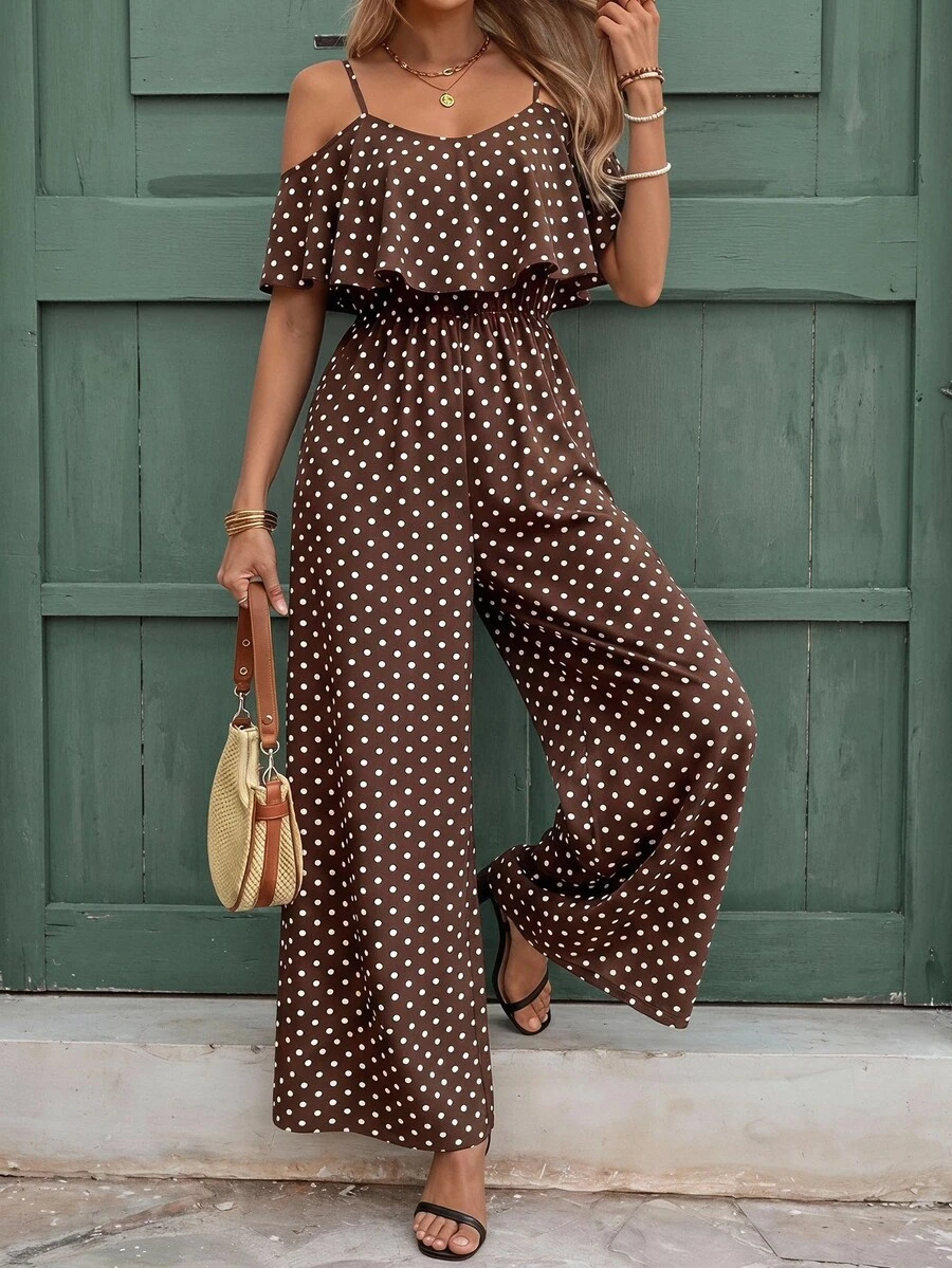 SHEIN Clasi Women's Brown And White Polka Dot Print Ruffle Hem Waist-Cinched Loose Jumpsuit Vacation Summer Boho - Coffee Brown - View 1