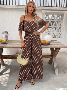 SHEIN Clasi Women's Brown And White Polka Dot Print Ruffle Hem Waist-Cinched Loose Jumpsuit Vacation Summer Boho - Coffee Brown - View 7