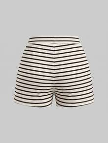 Lavishia 女款純色單排扣上衣搭配深棕色黑白條紋短褲休閒海濱風端莊日常2件套夏季 - 摩卡棕 - 查看 6