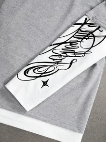 STYNVO 男士秋季休閒拼色拼接字母印花 2 合 1 T恤 - 灰色 - 查看 4