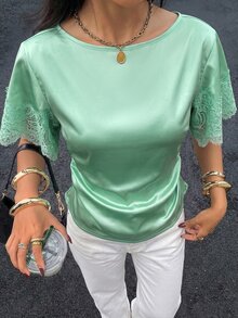 Siren Gaze 春夏新款女士緞面蕾絲拼接收腰上衣 - 綠色 - 查看 4