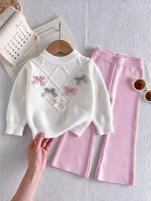 Girls' Autumn/Winter Colorful 3D Bow Knitted 2 Pieces Set, Diamond Textured Sweater And Casual Flared Pants Pullover - Beige - View 1