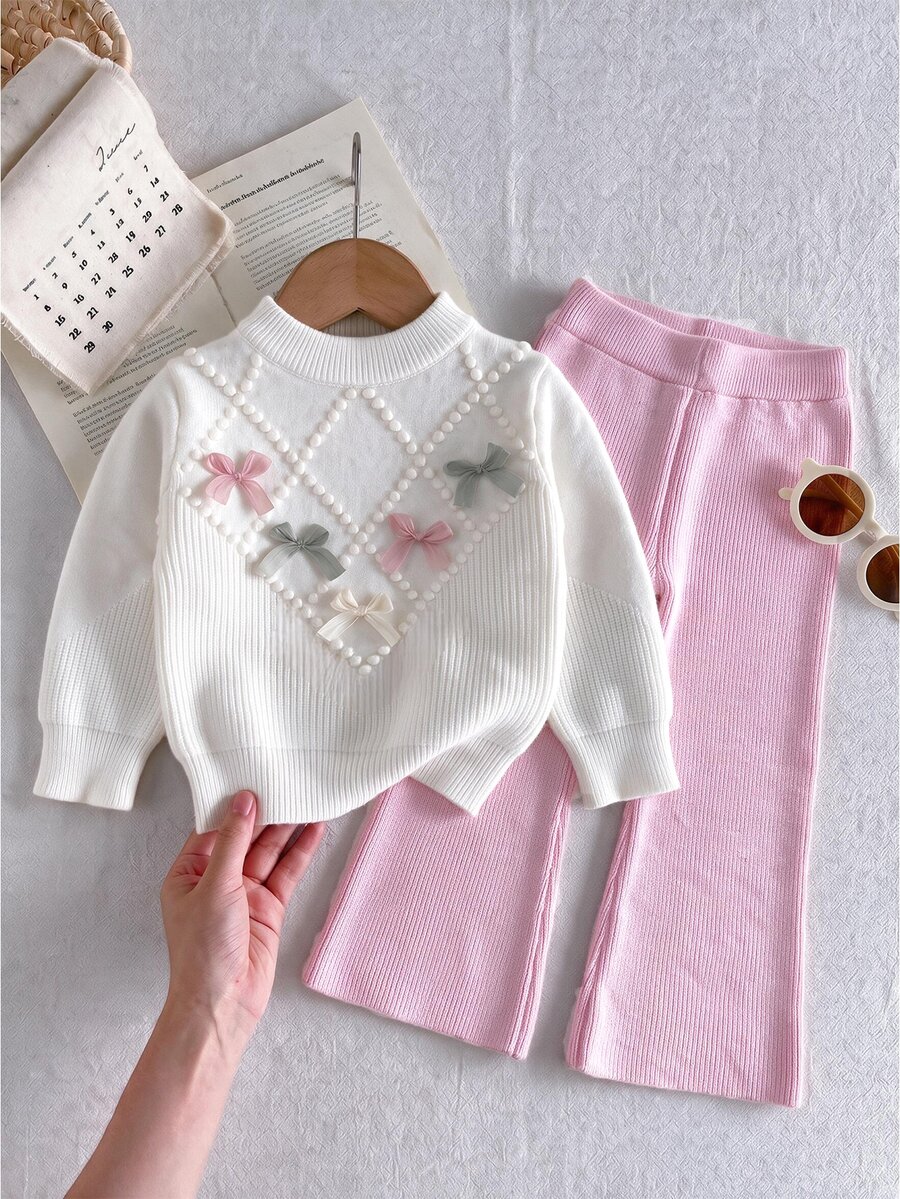 Girls' Autumn/Winter Colorful 3D Bow Knitted 2 Pieces Set, Diamond Textured Sweater And Casual Flared Pants Pullover - Beige - View 1