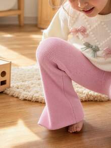 Girls' Autumn/Winter Colorful 3D Bow Knitted 2 Pieces Set, Diamond Textured Sweater And Casual Flared Pants Pullover - Beige - View 6