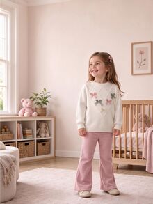 Girls' Autumn/Winter Colorful 3D Bow Knitted 2 Pieces Set, Diamond Textured Sweater And Casual Flared Pants Pullover - Beige - View 7