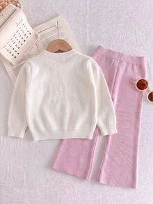 Girls' Autumn/Winter Colorful 3D Bow Knitted 2 Pieces Set, Diamond Textured Sweater And Casual Flared Pants Pullover - Beige - View 2