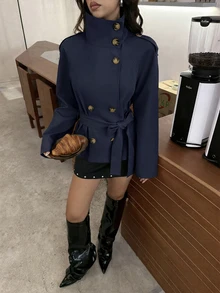 Aloruh 海軍藍收腰短款女款風衣，秋季/冬季百搭，教師節辦公室優雅穿搭 - 藏蓝色 - 查看 9