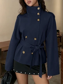 Aloruh 海軍藍收腰短款女款風衣，秋季/冬季百搭，教師節辦公室優雅穿搭 - 藏蓝色 - 查看 7
