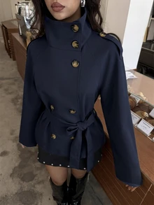 Aloruh 海軍藍收腰短款女款風衣，秋季/冬季百搭，教師節辦公室優雅穿搭 - 藏蓝色 - 查看 2