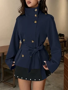 Aloruh 海軍藍收腰短款女款風衣，秋季/冬季百搭，教師節辦公室優雅穿搭 - 藏蓝色 - 查看 3