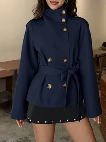 Aloruh 海軍藍收腰短款女款風衣，秋季/冬季百搭，教師節辦公室優雅穿搭 - 藏蓝色 - 查看 4
