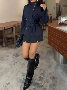 Aloruh 海軍藍收腰短款女款風衣，秋季/冬季百搭，教師節辦公室優雅穿搭 - 藏蓝色 - 查看 6