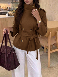 Aloruh Dunkelbrauner Kurz-Trenchcoat mit geraffter Taille für Damen, vielseitig für Herbst/Winter, elegant für das Büro