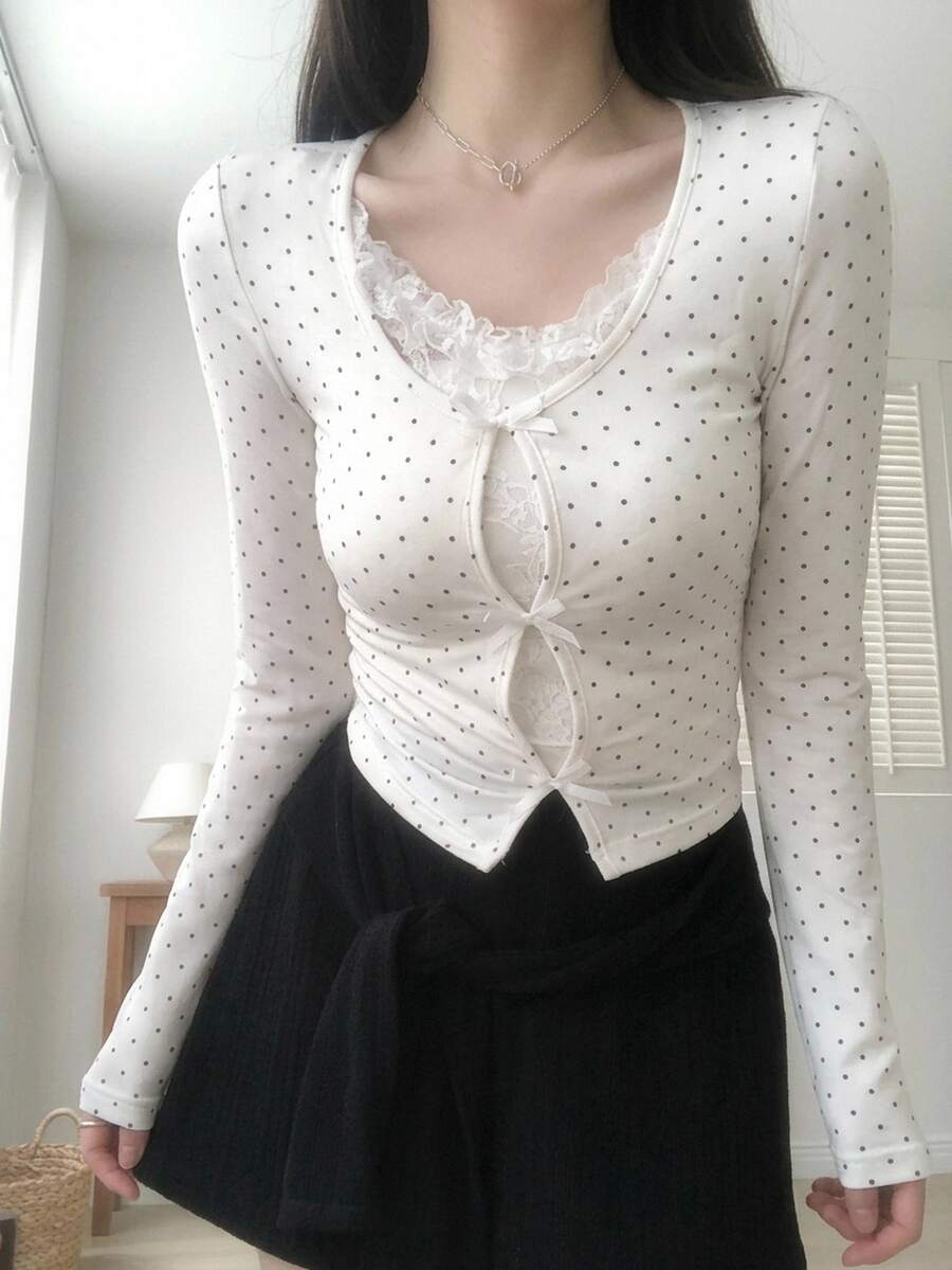 DAZY Polka Dot Print Contrast Lace Frill Trim Tee - White - View 1