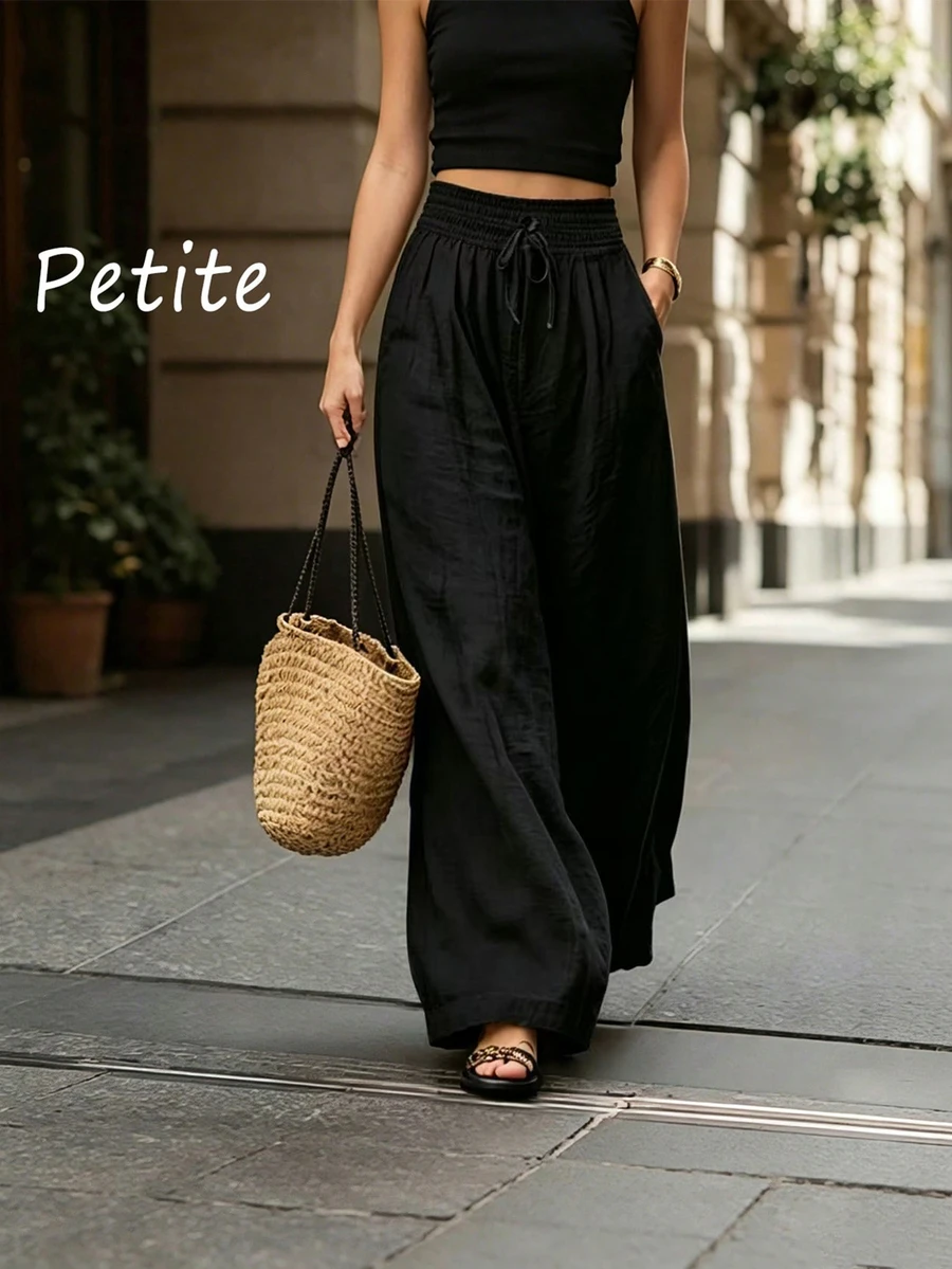 SHEIN PETITE 女款簡約休閒素色長褲 - 黑色 - 查看 1