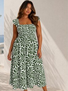 ELLERISSA Plus Size Green Floral Print Square Neck Shirred Bodice Ruffle Strap Midi Dress - Green - View 3