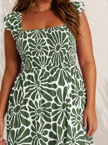 ELLERISSA Plus Size Green Floral Print Square Neck Shirred Bodice Ruffle Strap Midi Dress - Green - View 6
