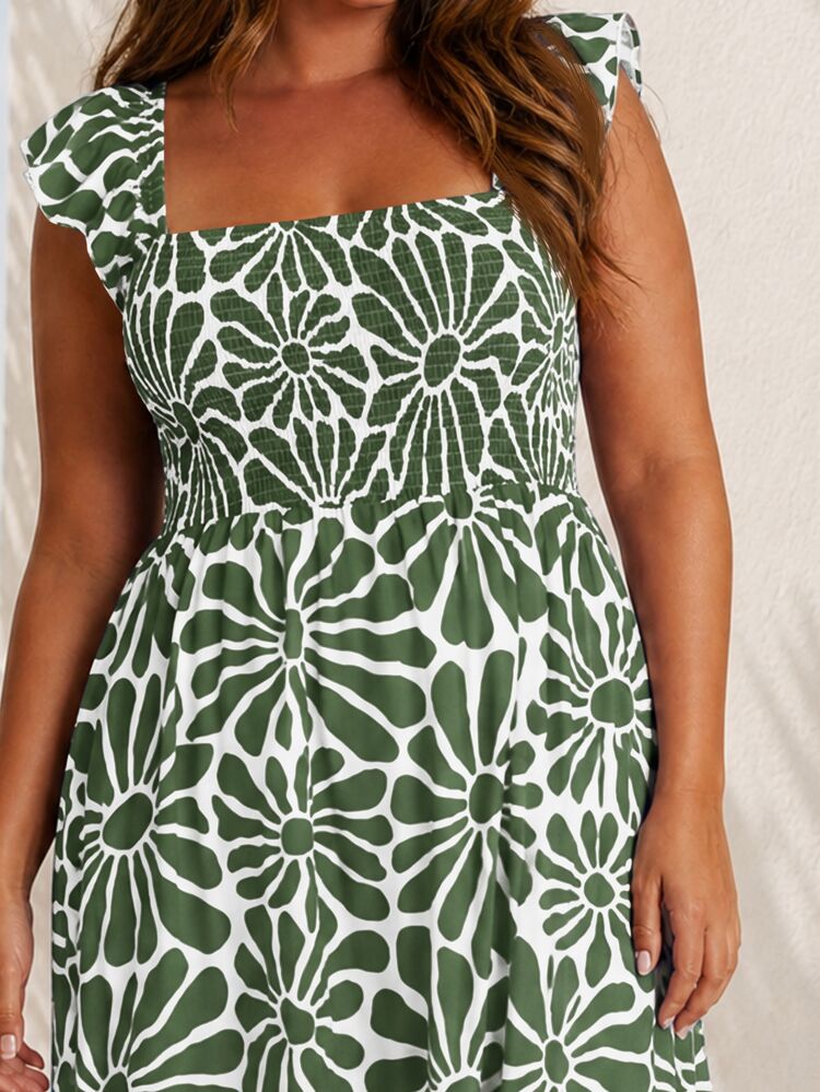 ELLERISSA Plus Size Green Floral Print Square Neck Shirred Bodice Ruffle Strap Midi Dress - Green - View 6