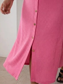 ELLERISSA Plus Size Pink Round Neck Sleeveless Button Front Waffle Knit Midi Dress - Pink - View 6