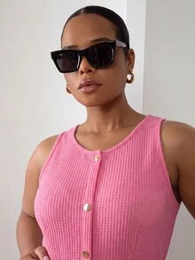 ELLERISSA Plus Size Pink Round Neck Sleeveless Button Front Waffle Knit Midi Dress - Pink - View 3