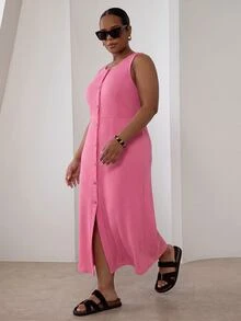 ELLERISSA Plus Size Pink Round Neck Sleeveless Button Front Waffle Knit Midi Dress - Pink - View 4