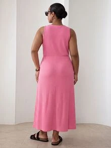 ELLERISSA Plus Size Pink Round Neck Sleeveless Button Front Waffle Knit Midi Dress - Pink - View 5