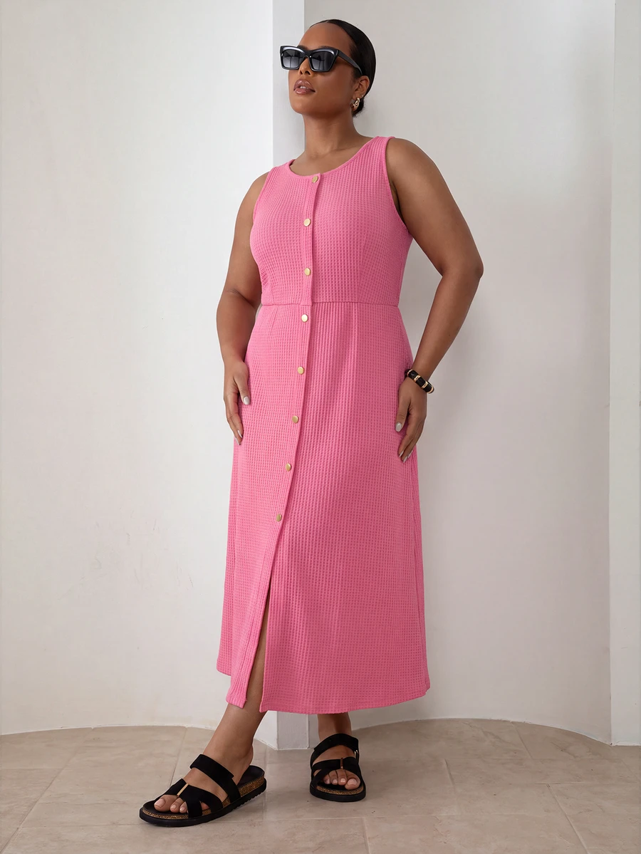 ELLERISSA Plus Size Pink Round Neck Sleeveless Button Front Waffle Knit Midi Dress - Pink - View 1