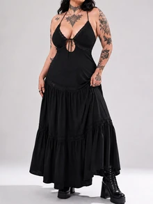 ROMWE Goth Plus Size Women Halter Tie Ruched Casual Party Dress, Halloween - Black - View 5