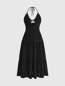 ROMWE Goth Plus Size Women Halter Tie Ruched Casual Party Dress, Halloween - Black - View 1
