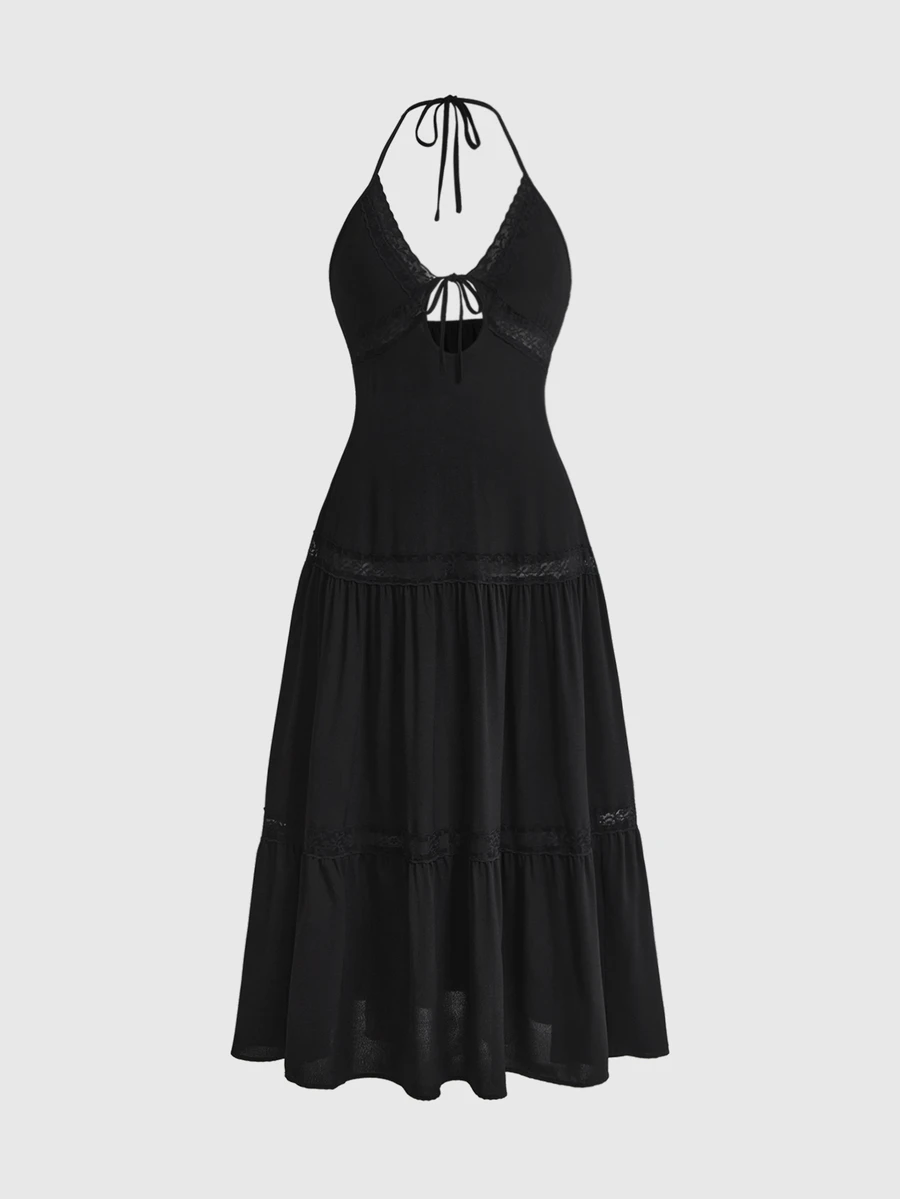 ROMWE Goth Plus Size Women Halter Tie Ruched Casual Party Dress, Halloween - Black - View 1