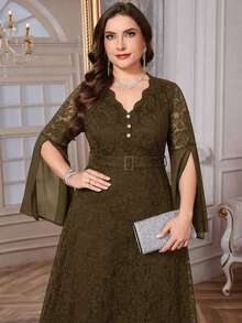 Reflora Plus Size Women Lace Patchwork V-Neck Casual Party Dress - Coffee Brown - View 1