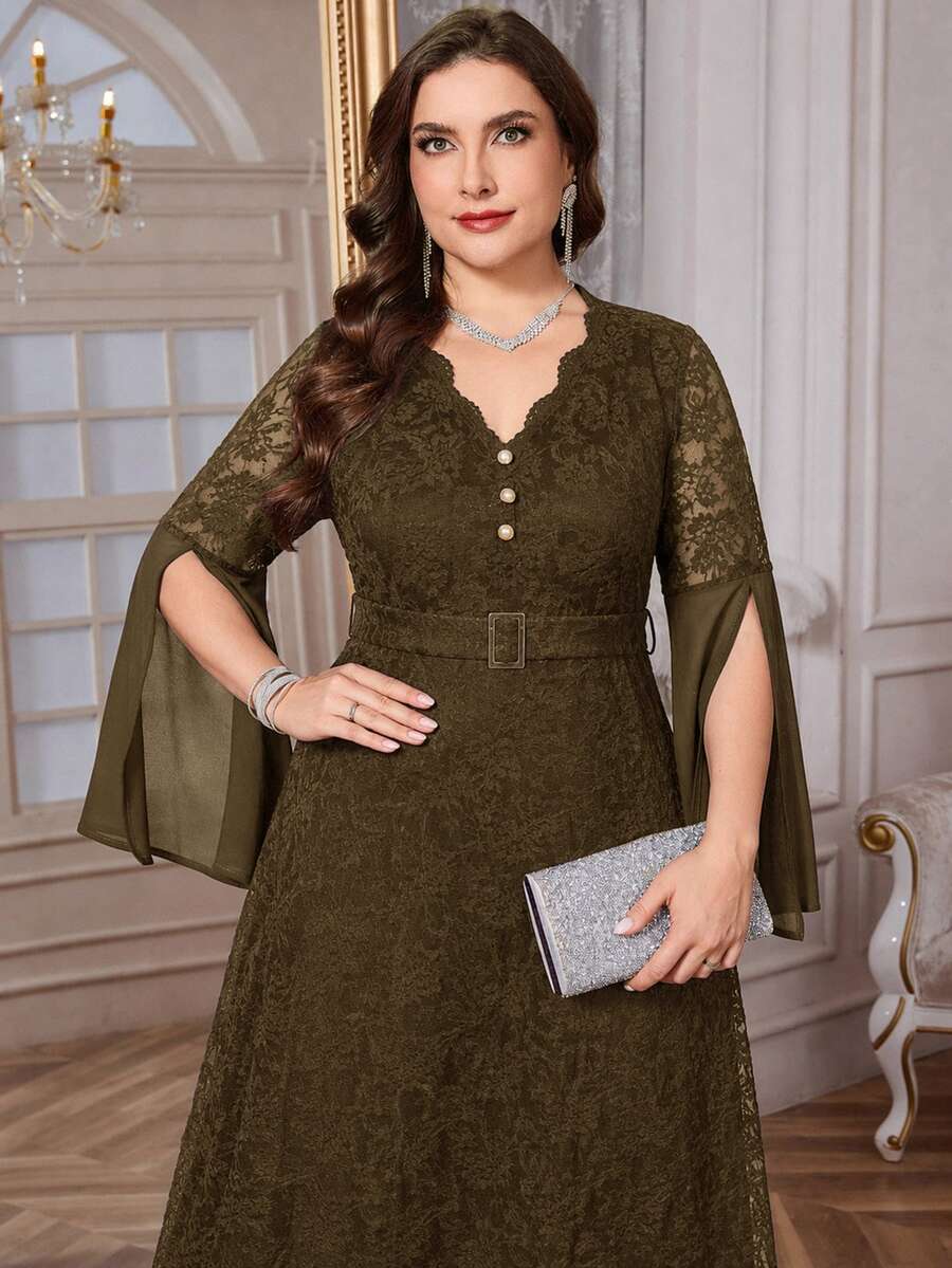 Reflora Plus Size Women Lace Patchwork V-Neck Casual Party Dress - Coffee Brown - View 1