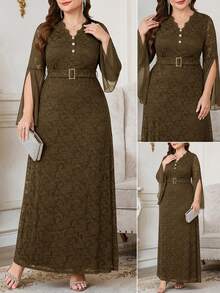 Reflora Plus Size Women Lace Patchwork V-Neck Casual Party Dress - Coffee Brown - View 2