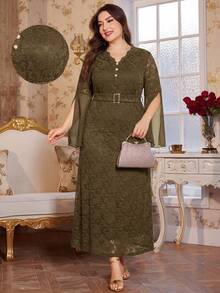 Reflora Plus Size Women Lace Patchwork V-Neck Casual Party Dress - Coffee Brown - View 3