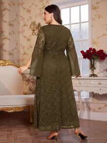 Reflora Plus Size Women Lace Patchwork V-Neck Casual Party Dress - Coffee Brown - View 4
