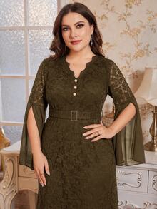 Reflora Plus Size Women Lace Patchwork V-Neck Casual Party Dress - Coffee Brown - View 5