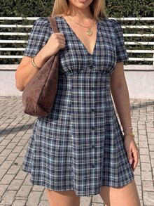 GalTyme 大尺碼女款格紋短袖單排扣休閒洋裝 - 藏蓝色 - 查看 6