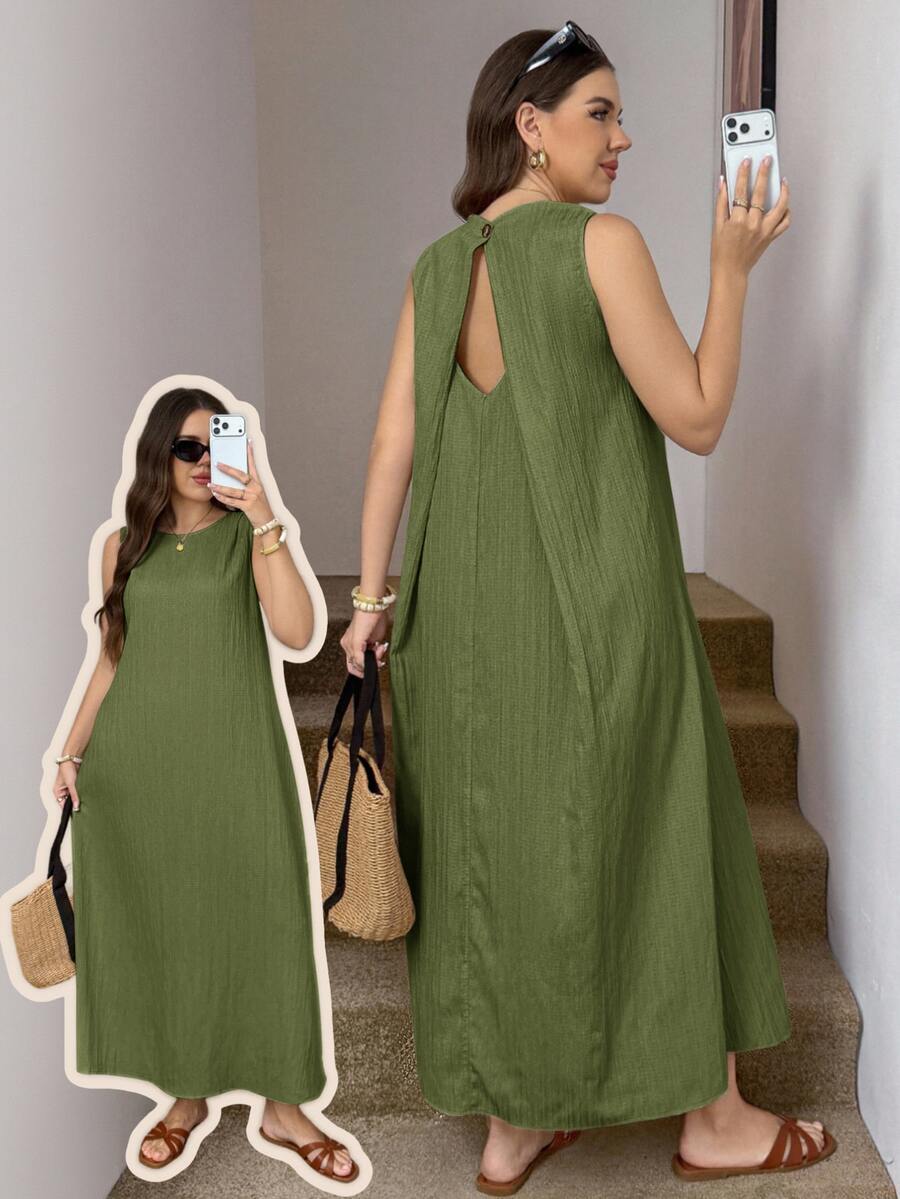 Easowa Curve Plus Size Women's Solid Color Backless Sleeveless Casual Dress - Army Green - View 1