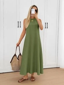 Easowa Curve Plus Size Women's Solid Color Backless Sleeveless Casual Dress - Army Green - View 10