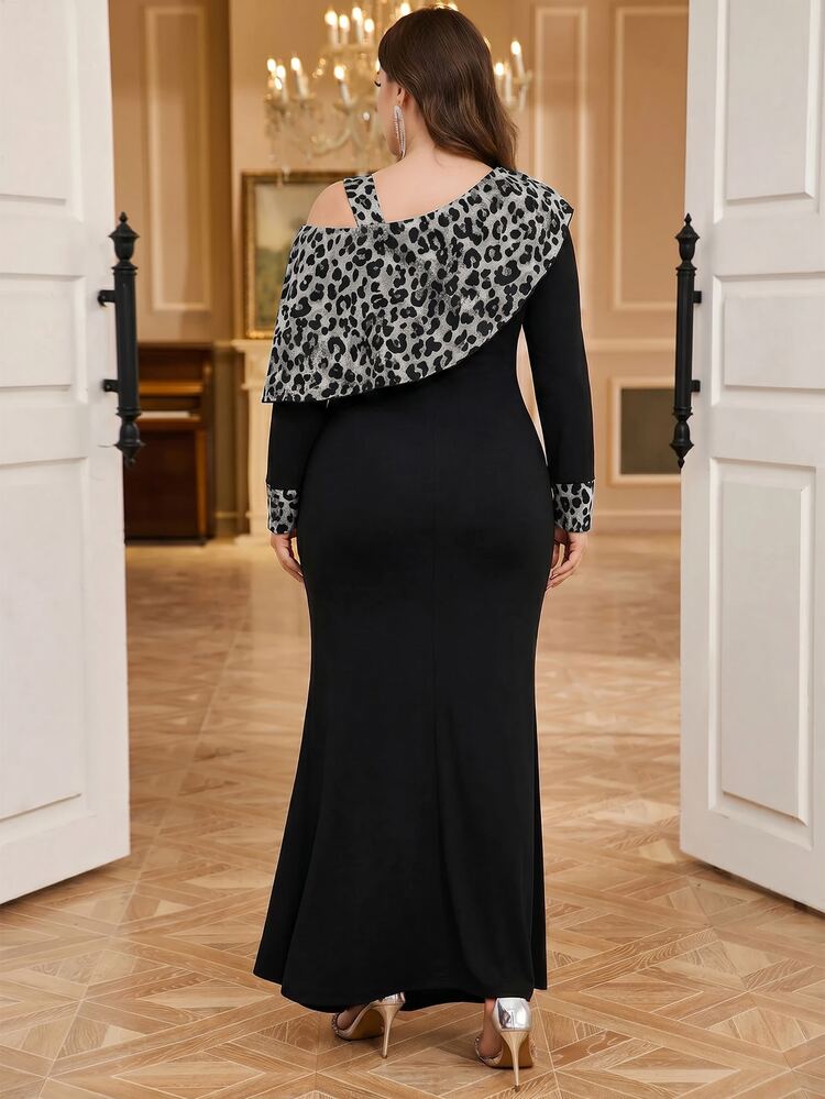 SHEIN Clasi Plus Size Elegant Leopard Print Pleated Fitted Sexy Dress Fall - Grey - View 2
