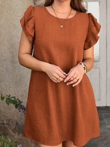 Rosumi Plus Size Women Solid Color Round Neck Ruffle Sleeve Loose Dress Summer Dress Spring Clothing Beach Outfits For Women Vacation Outfits - Rust Brown - View 3