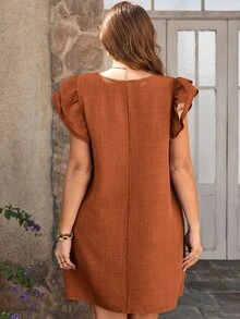 Rosumi Plus Size Women Solid Color Round Neck Ruffle Sleeve Loose Dress Summer Dress Spring Clothing Beach Outfits For Women Vacation Outfits - Rust Brown - View 7
