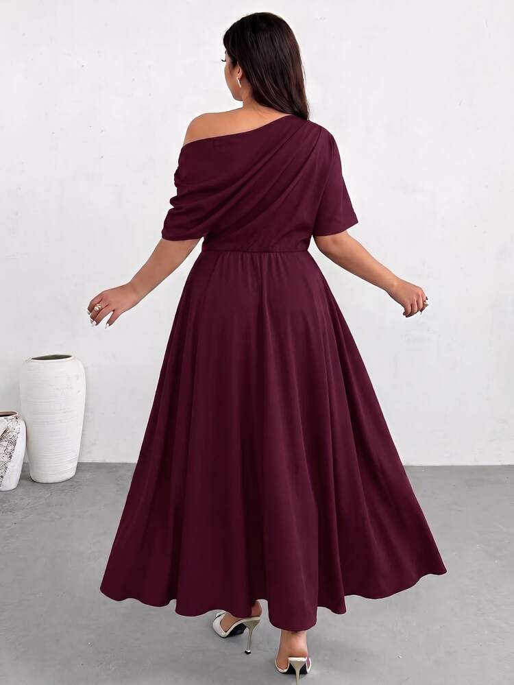 Firerie Plus Size Lace Patchwork Asymmetric Collar Dress - Burgundy - View 3