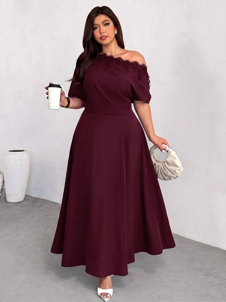 Firerie Plus Size Lace Patchwork Asymmetric Collar Dress - Burgundy - View 5