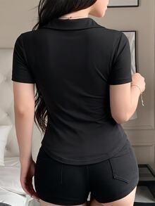 Joudiya 女款夏季黑色 Polo 衫，短袖，有領，休閒運動底層 T 恤 - 黑色 - 查看 5