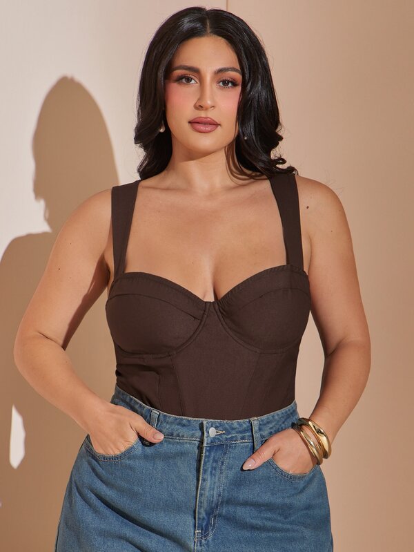 SHEIN BAE CURVE Plus Size Women's Colorblock Casual Daily Bodysuit,Chic Plus Size Brown Bustier Bodysuit With Sheer Panels And Bodycon Fit,Casual Bodysuit ,Halloween.