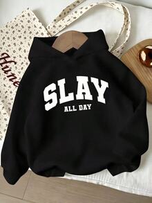 青少年女孩 SLAY ALL DAY 字母印花運動衫，返校季黑白配色秋季街頭風休閒秋冬六年級學生款 - 黑色 - 查看 1