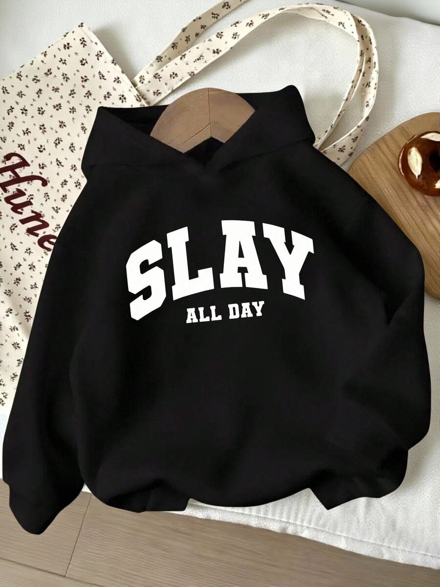 青少年女孩 SLAY ALL DAY 字母印花運動衫,返校季黑白配色秋季街頭風休閒秋冬六年級學生款 - 黑色 - 查看 1