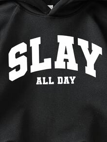 青少年女孩 SLAY ALL DAY 字母印花運動衫，返校季黑白配色秋季街頭風休閒秋冬六年級學生款 - 黑色 - 查看 5